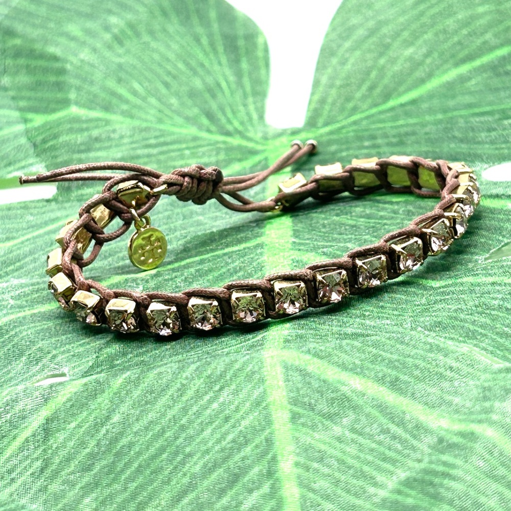 Tory Burch Swarovski Crystal Corded Macramé Brown Gold Rhinestone Bracelet